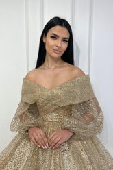 Obsessing Gold A-line Off-the-shoulder Sequined Prom Evening Dresses with Long Sleeves